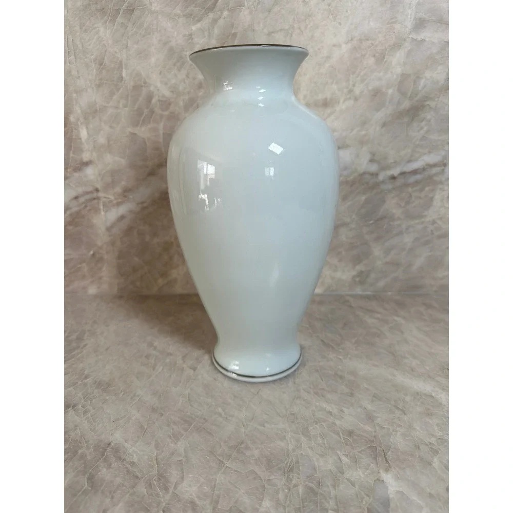 Vintage Japanese Porcelain Iris Vase White Purple Floral Silver Rimmed 8 Inch